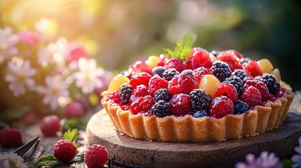  Wooden board with fruit tart, berries, raspberries, and flowers in the background