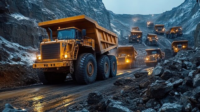 Dump truck fleet in a stone and rock transport mine, A fleet of heavy-duty trucks operates in a mining site.