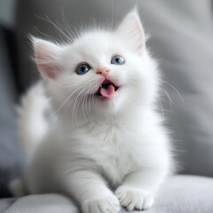  A white kitten sitting atop a couch with its mouth open and tongue out