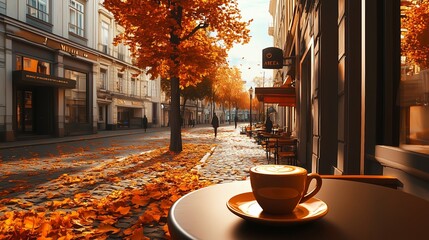 Autumn morning coffee on a cozy street in a historic city with vibrant fall foliage
