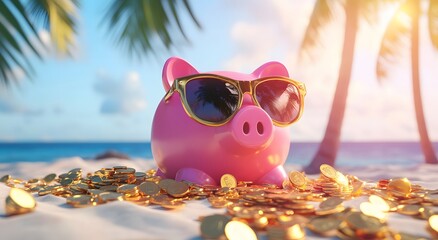 A pink piggy bank wearing sunglasses sits on a beach, surrounded by gold coins. Sunny day and bokeh background of coconut trees and distant sea creates a travel, relaxation and vacation planning idea