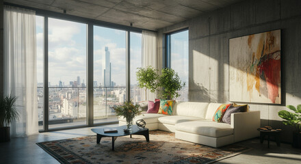 Fototapeta premium Living room with modern decor and cozy interior showcasing a beautiful city view and stylish furnishings