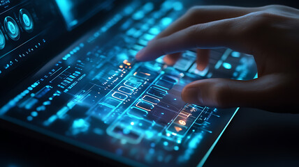 A hand is shown using a new generation ultra-thin computer keyboard with backlit keys, and digital interfaces demonstrating innovations in computer hardware are shown on a transparent display.