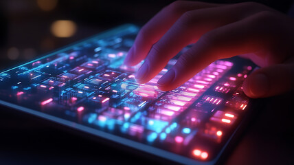 Fototapeta premium A hand is shown using a new generation ultra-thin computer keyboard with backlit keys, and digital interfaces demonstrating innovations in computer hardware are shown on a transparent display.