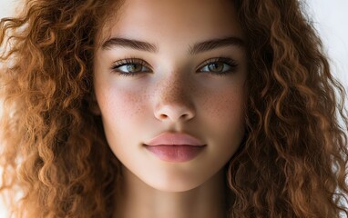Naklejka premium Beautiful woman with curly brown hair, freckles, and natural look, close-up portrait 