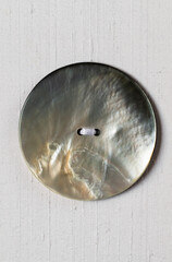 A detailed close-up of a mother of pearl button resting on a fabric surface. The button's glossy...