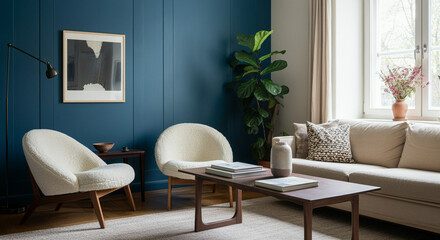 Living room furniture with modern interior design featuring cozy chairs and stylish decor