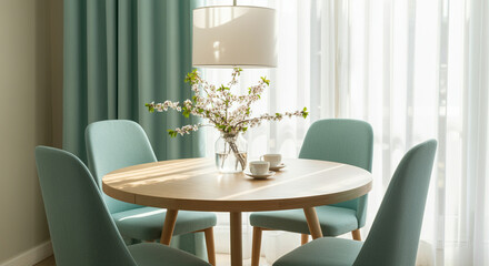 Dining table in modern interior with elegant decor bright dining room setting featuring stylish chairs and natural lighting
