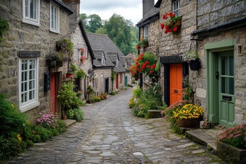 Fototapeta premium english village charm, capturing the essence of rural england with stone houses, colorful doors, and hanging flower baskets on a charming village street