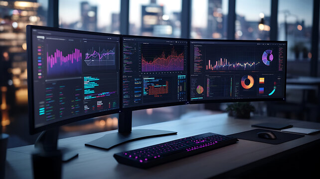 A dynamic shot of a desktop computer with multiple curved monitors displaying real-time data analytics and 3D modeling, highlighting the power and versatility of new computing technologies.
