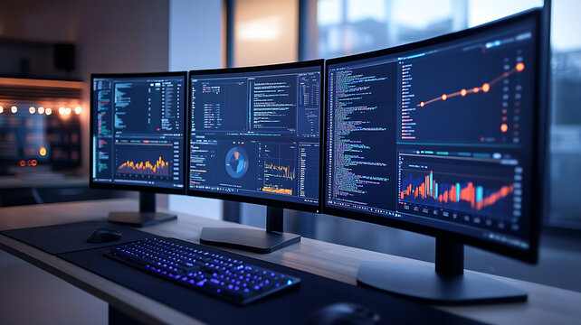 A dynamic shot of a desktop computer with multiple curved monitors displaying real-time data analytics and 3D modeling, highlighting the power and versatility of new computing technologies.
