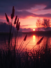 Fototapeta premium A tranquil sunset over a still lake and bulrushes, perfect for nature-themed decor or relaxation spaces. Design for Wall Art, Poster Print, Wallpaper & Background