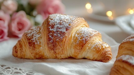   Croissant with powdered sugar, table, bouquet of flowers