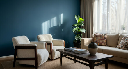 Living room furniture with modern design and cozy atmosphere featuring stylish chairs and decorative plants