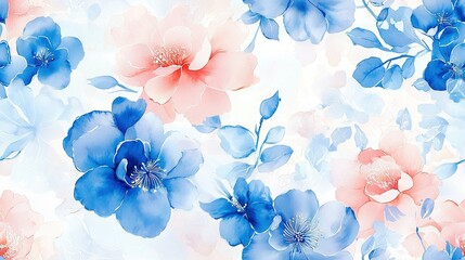   A close-up of a blue and pink floral design on a white and blue backdrop featuring pink and blue flowers
