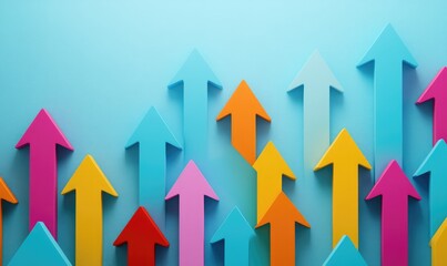 Colorful arrows pointing upwards on a blue background.