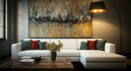 Sofa in modern living room with decor elements and stylish lighting