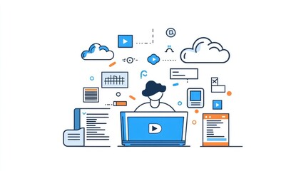 Person working on laptop with cloud computing icons.