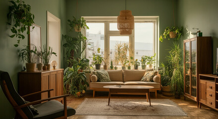 Living room interior design with home decor and plants for a cozy atmosphere