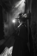 Naklejka premium Mysterious La Catrina with Candle in Shadowy Alley - Black and White Art for Cultural Theater
