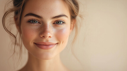 Fototapeta premium A portrait of a smiling woman with natural beauty, soft lighting emphasizing her flawless skin and radiant features, set against a simple neutral background,celebrating diversity and timeless elegance