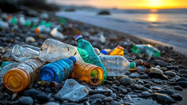 Littered plastic bottles on a rocky beach during sunset showcase the pressing issue of marine pollution and its impact