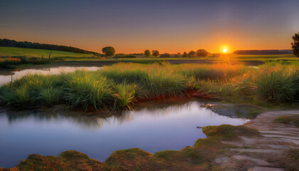 Serene sunrise over calm river and lush green meadow