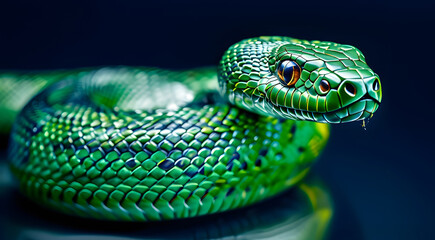 Fototapeta premium Close-up of a vibrant green snake coiled on a dark reflective surface