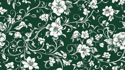   Green and white floral wallpaper featuring white flowers, vines, leaves, and white swirls on a dark green background