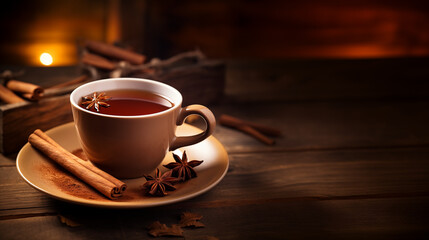 Obraz premium Warm Tea with Cinnamon and Star Anise on Wooden Table