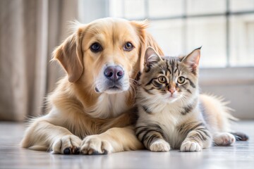 Golden retriever and cat lying together happily