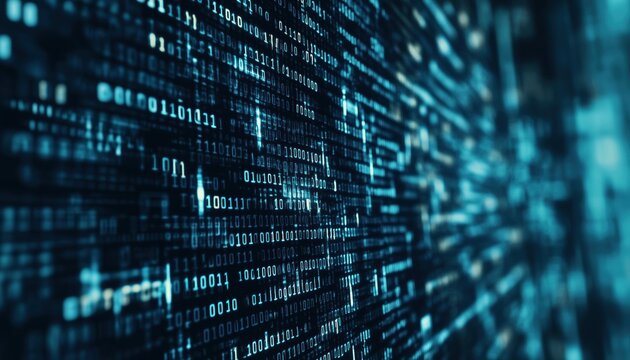 Digital Binary Code Programming Icon On Matrix Background With Stream Of Data.  Illustration For Coding Or Hacking Background.