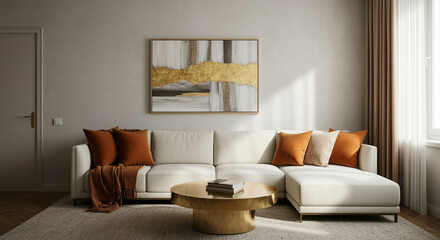 Naklejka premium Sofa in modern living room interior design with decorative cushions and stylish decor