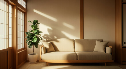 Sofa in modern interior with home decor and natural lighting enhancing cozy atmosphere