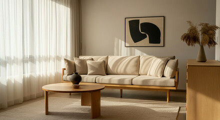 Sofa in modern living room interior with natural light and stylish decor
