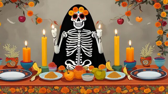 Animation of a skull in a day of the dead altar. Mexican tradition concept