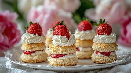   A macro shot of a platter adorned with delectable pastries, featuring fresh strawberries crowning their peaks