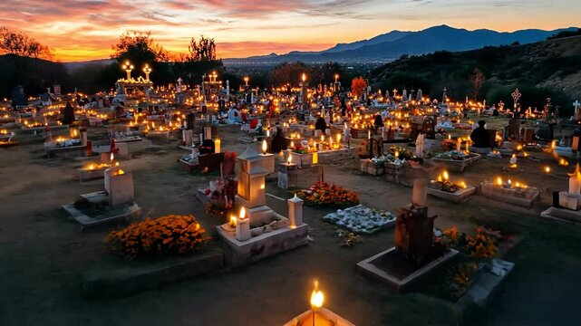 Sunset in a mexican cemetery during day of the dead celebration