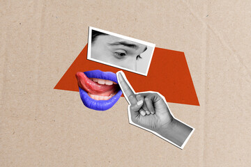 Composite artwork collage image picture of finger point guy eyes girl tongue lick lips isolated on...