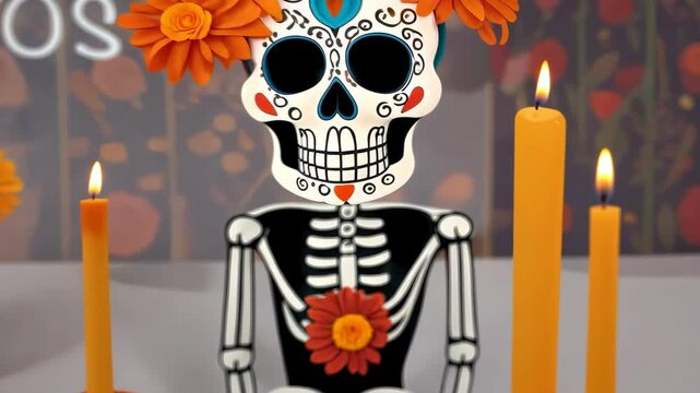 Animation of a skull in a day of the dead altar. Mexican tradition concept