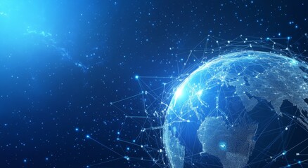 Fototapeta premium a blue background featuring digital network lines and a white globe, representing a technology world concept.