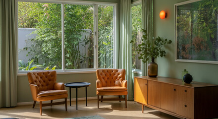 Living room furniture in modern interior design with stylish armchairs and natural light from large windows