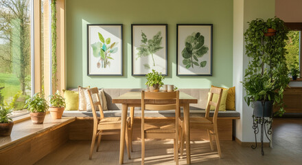 Dining area interior with plants and natural light in cozy dining space