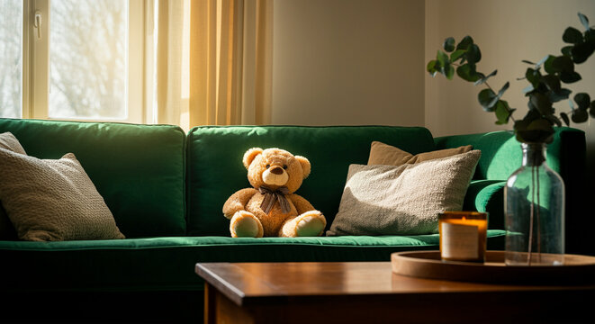 Teddy bear on a green sofa in a cozy living room with decorative pillows and warm lighting