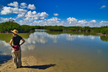 Fototapeta premium Middle aged woman looking out over a bay, bordered by mangrove forest. Cape Keraudren Coastal Reserve, a remote area in the Pilbara between Port Hedland and Broome in Western Australia. 