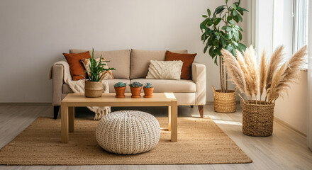 Living room furniture with cozy modern decor and plants in a bright space