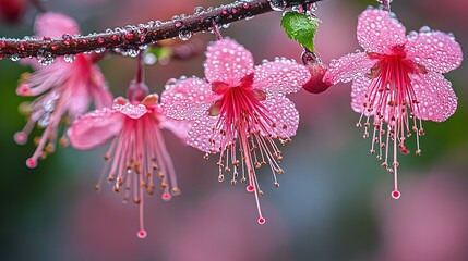   A close-up of a pink flower with water droplets and a green leafy tree background