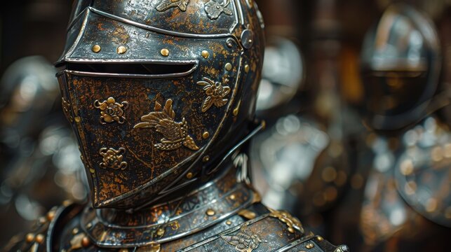 A detailed close-up of ornate medieval knight armor with intricate engravings and patterns, showcasing historical craftsmanship in a setting surrounded by other similarly adorned suits of armor