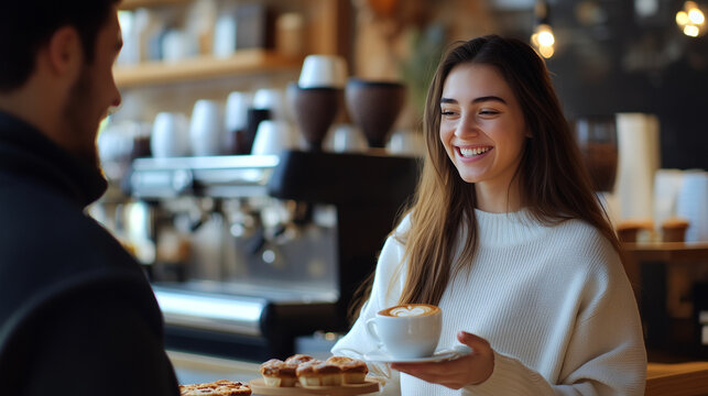 Young woman serving coffee and pastries in a cozy café during a relaxed afternoon meeting