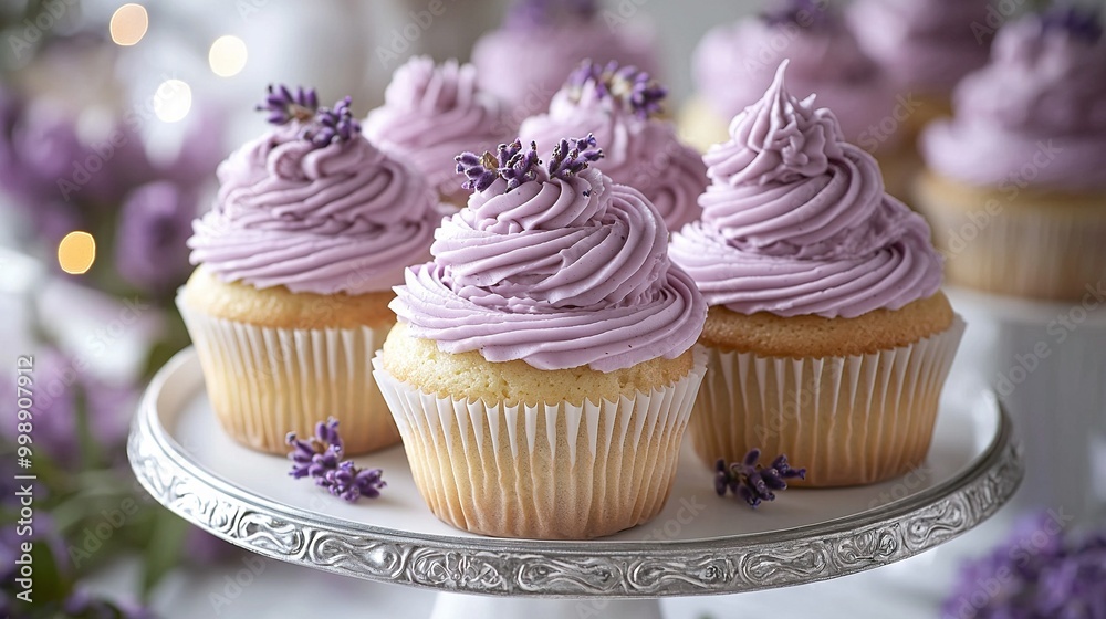 Sticker  Cupcakes with purple frosting and lavender sprinkles on a silver platter on a table